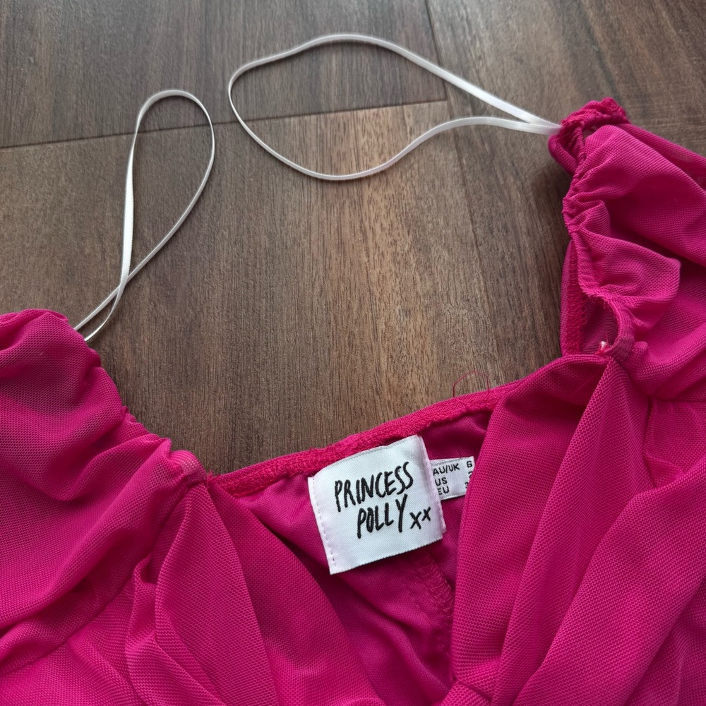 Princess Polly Hot Pink Ruched Mesh Long Flowy Sleeve Bodycon Dress Feminine - Picture 8 of 9